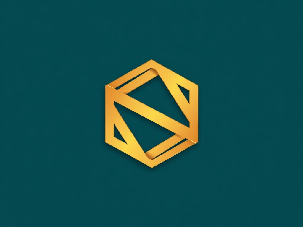 Gold geometric logo mark on deep teal background, clean lines, solid shape, 3D rendering, photorealistic 8k.